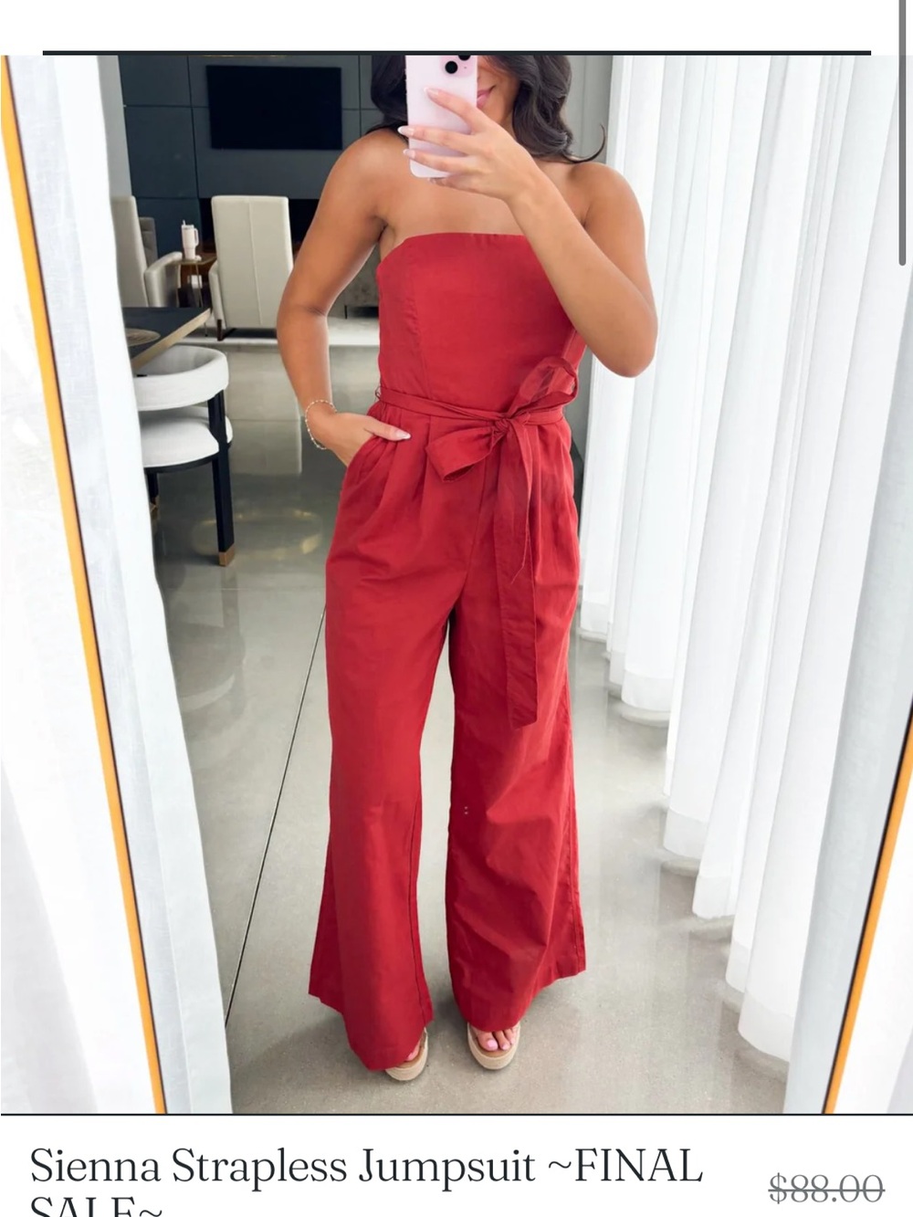 Dress Forum Strapless Red Wide-Leg Jumpsuit with Waist Tie